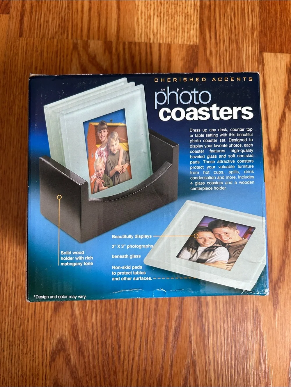 Brand New in Box Cherished Accents Glass Photo Coasters Set of 4 with Holder